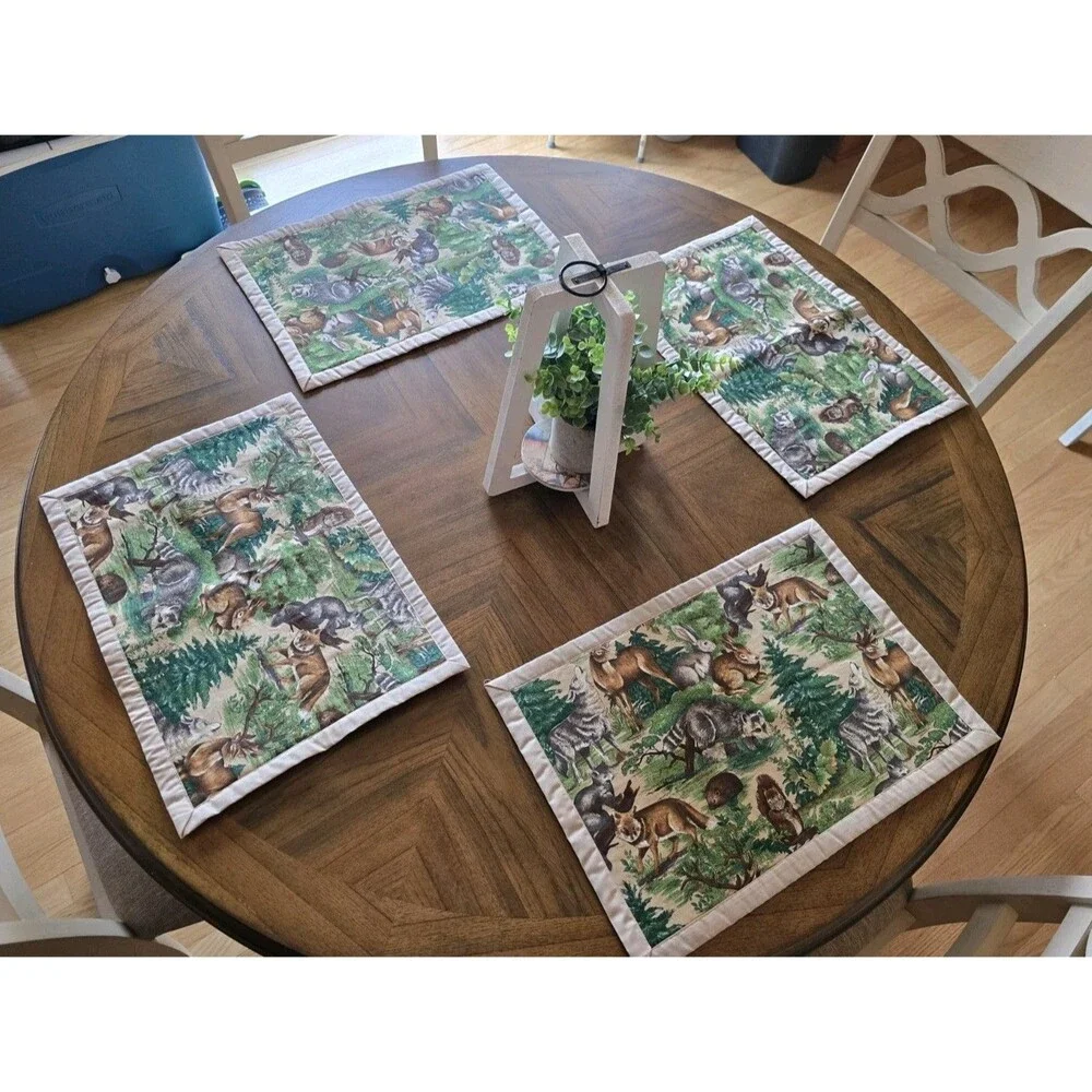 Vintage Woodland Forest Animal Placemats Set of 4 Deer Wolf Fox Raccoon Rabbit